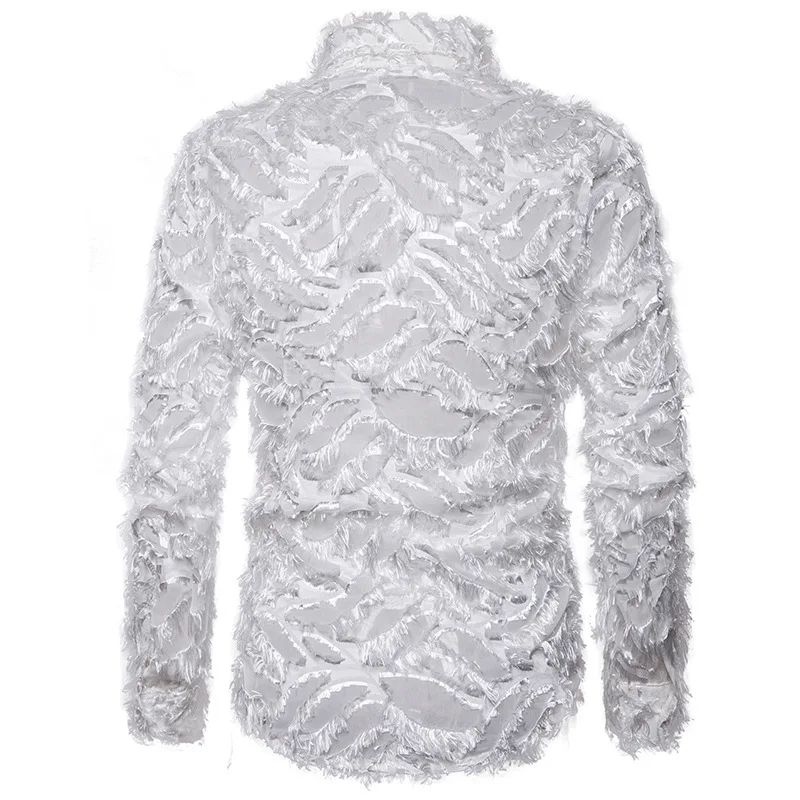 Men's White Feather See Through Nightclub Shirts Slim Fit Long Sleeve Sexy Lace Shirt Men Party Stage Singer Costume Homme XXL