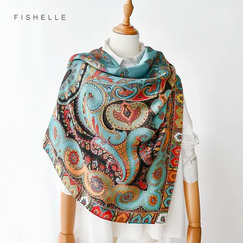 Peacock Blue Natural Satin Silk Scarf 110cm Big Square Bandana Printed 100% Pure Silk Scarves Women Luxury Shawl Gift for Lady