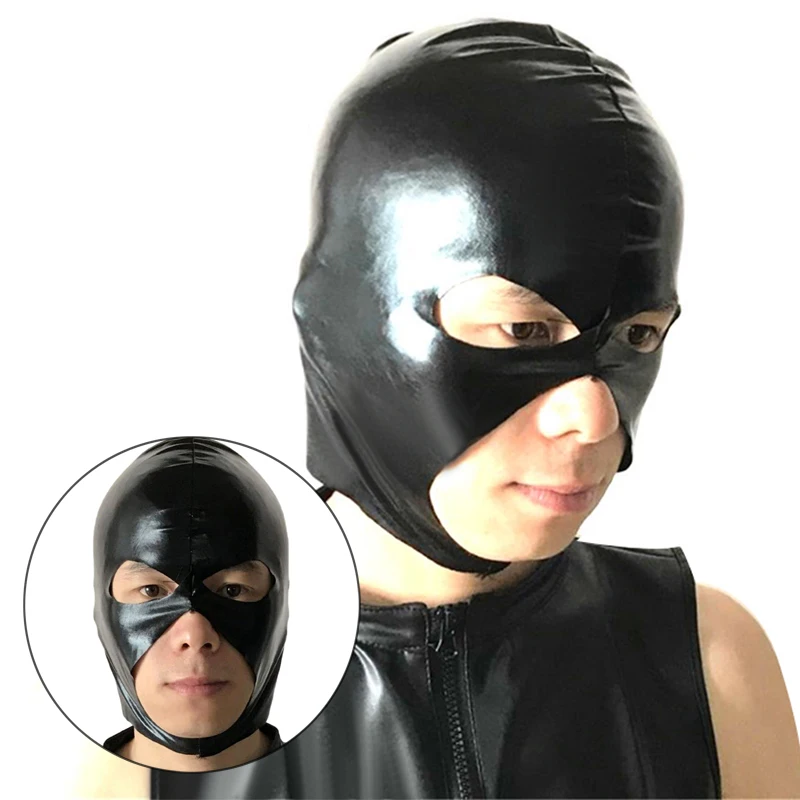 PVC Black Mask Full Head Hood Cosplay Costume Party 3 Holes Artificial Leather Hot Wet Look Spandex