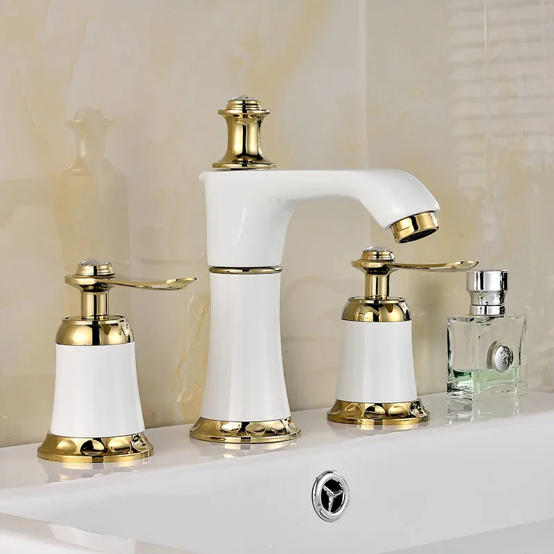 

Basin faucet Widespread Sink Faucet Deck Mounted double handle white and gold Water Faucet brass bathroom basin faucet