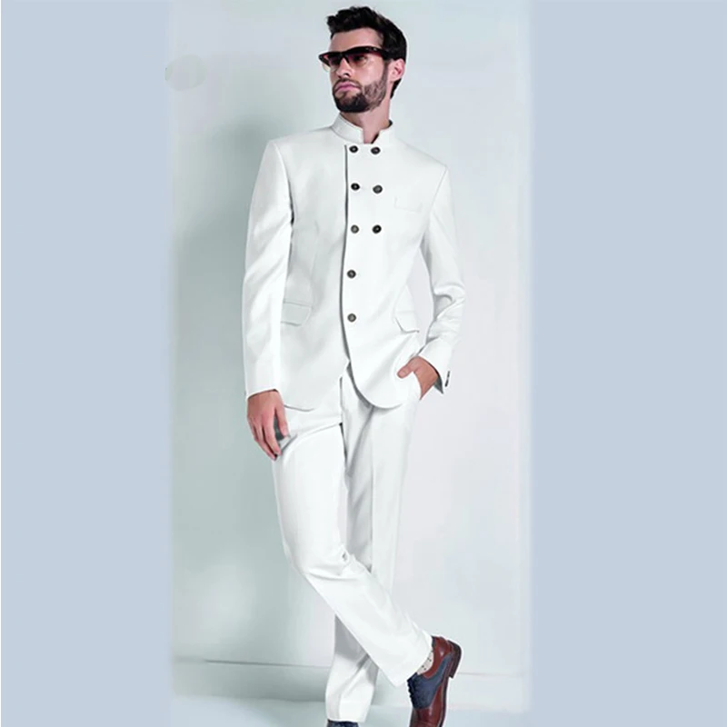 Traje De Hombre Blanco Trajes De Boda NOVIO Cổ Áo Đứng Áo Hecho Một Medida Ôm Vừa Vặn Cổ Esmoquin Mejor Hombre trajes De