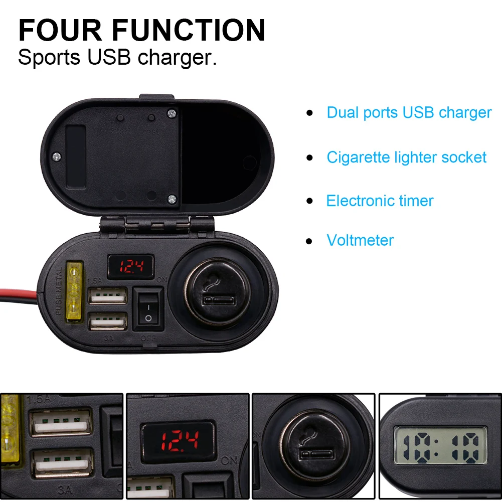 Motorcycle 12V Dual USB Quick Charger Handlebar Rearview Mirror mount  Cigarette- Lighter Voltmeter Digital Clock for smartphone