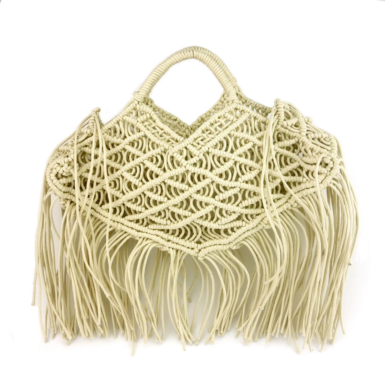 

Fashion White Handmade Cotton Rope Hollow Out Woven Bag Fashion Tassel Bag Women's Handbag Straw Shoulder Bag Ladies