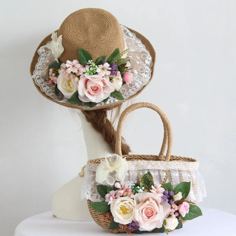 

women fashion straw beach bag summer holiday vacation casual bohemia tote and hat colorful flower wave raffia rattan handbag