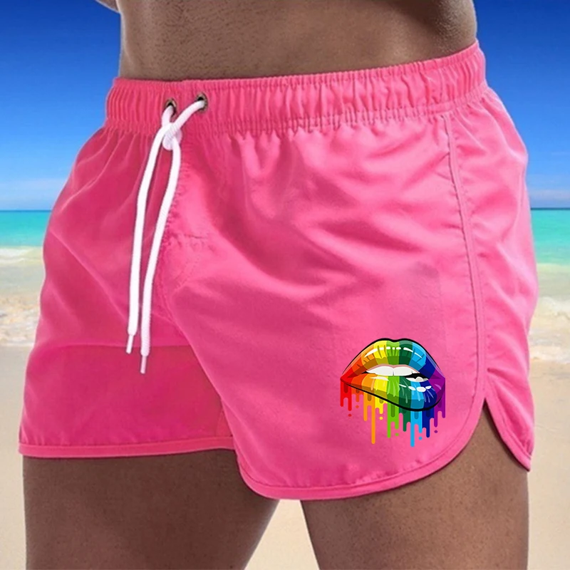 Summer Men\'s Shorts Lip Printing Sport Casual Fitness Breathable Training Drawstring Candy Colors Loose Male Beach Pants S-3XL