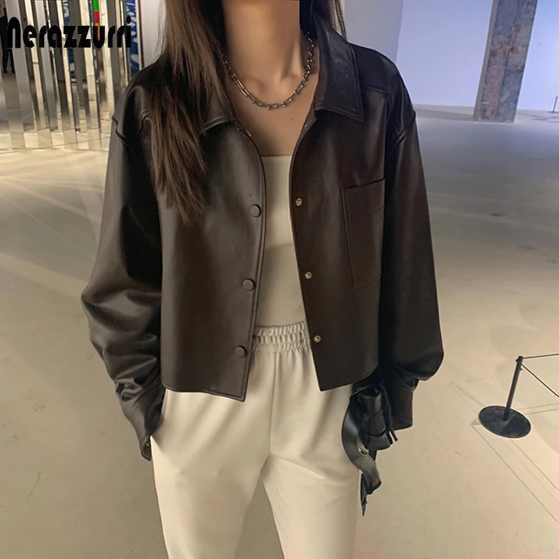 Nerazzurri Spring Brown Short Light Soft Faux Leather Jackets for Women 2021 Long Sleeve Pocket Oversized Black Korean Fashion