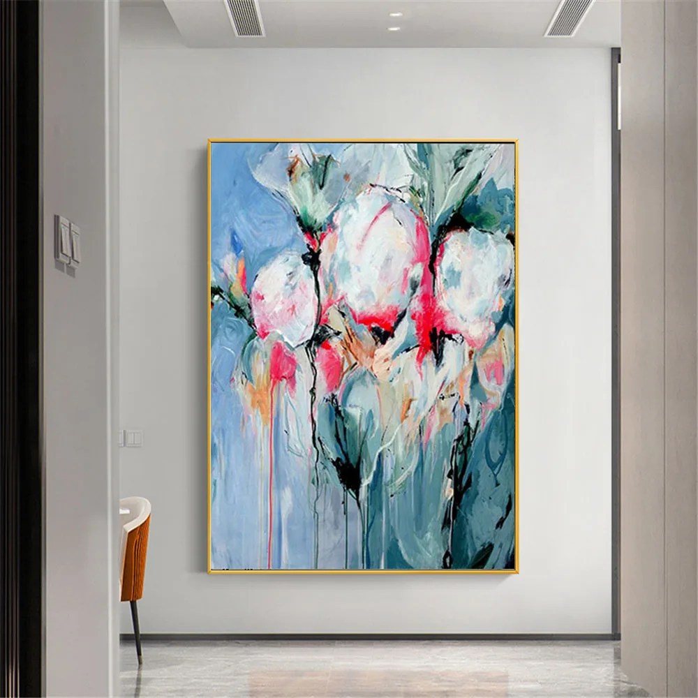 

Pure Handmade Abstract Blue Tulip Flowers Poster On Canvas Oil Painting Modern Wall Art Picture For Living Room Decor Pieces