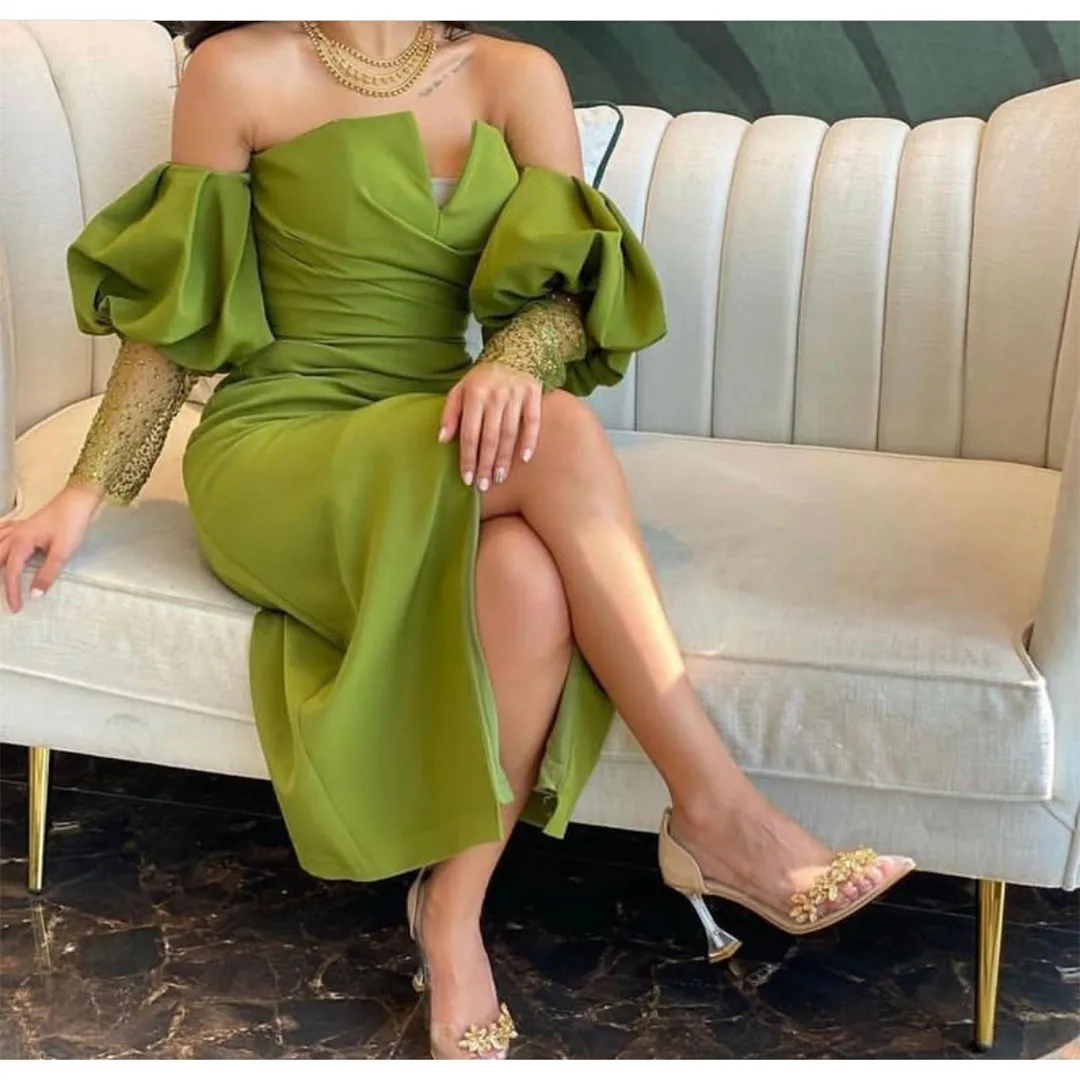 

Customized Short Satin Green Evening Dresses with Slit Sheath Long Sleeve Pleats Ankle Length Muslim Formal Party Gown for Women