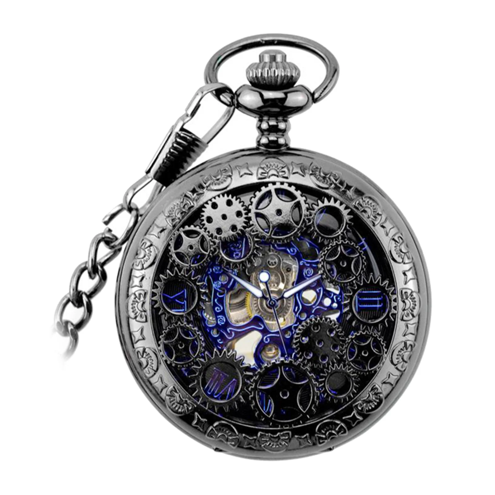 Vintage Steampunk Blue Hands Scale Mechanical Skeleton Pocket Watch Graduation Unisex Fashion Watch Gifts Clock reloj de bolsill