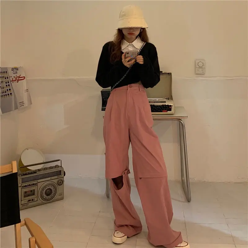 Sweet Women's Wide Leg Pants Preppy Style Retro High Waist Casual Pants Slim Cargo Trousers Women's Porous Pink Pants for Women