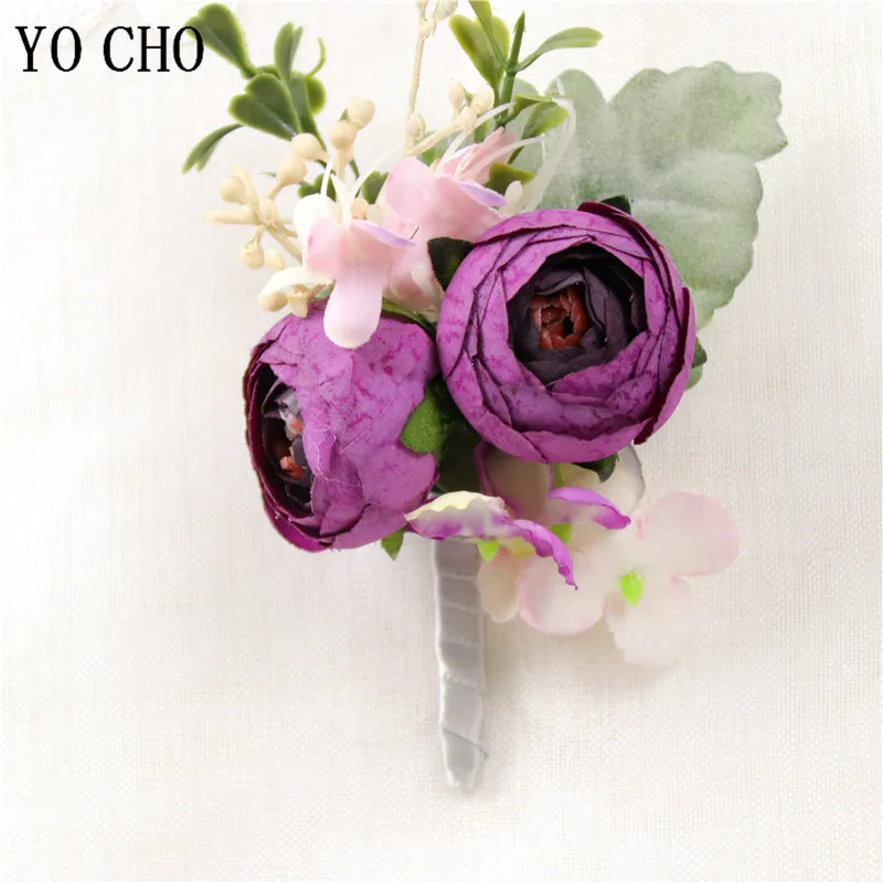 YO CHO Artificial Silk Flowesr Groom Boutonniere Bride Wrist Corsage Bracelets Wedding Hand Flowers Party Suit Boutonieres Decor