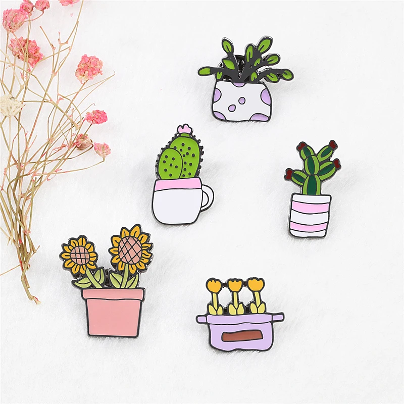 Cute Cactus Potted Plant Flower Brooches Cartoon Fashion Mini Bag Badges Enamel Pin Gifts for Kids Jackets Lapel Pins Collection