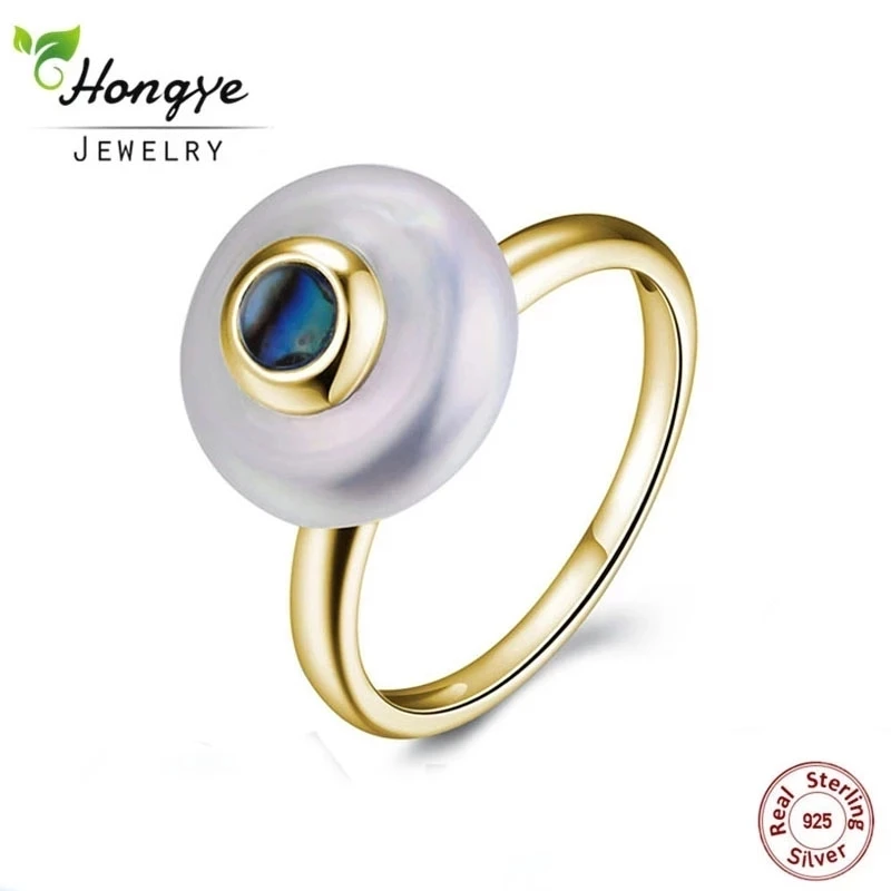 Hongye Natural Freshwater Pearl Rings 925 Sterling silver jewelry Oblate 2.5CM Fashion Designer Gold Ring for Women Wedding Gift