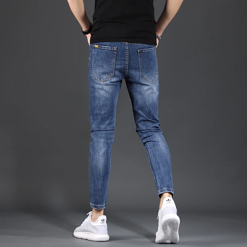 Men Stretch Blue Jeans Summer Thin Slim Fit Ankle-Length Pencil Pants Fashion Korean Style Pure Color Denim Trousers
