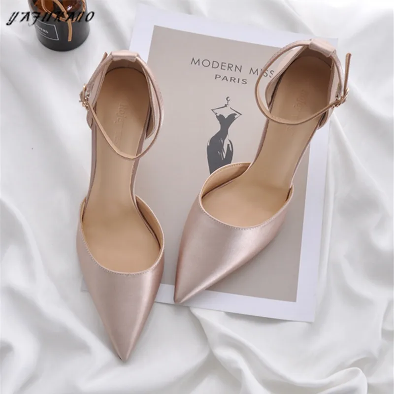 Silk Satin Mid Hollow High Heels Pointed Toe Sexy Single Shoes Thin Heels One-Word Buckle Women Shoes Champagne Lady Pumps 32 33