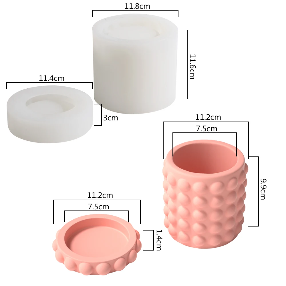 Bubble Ball Candle Jar Silicone Mold with Lids Cylindrical Cement Candle Container Mould for Planter Storage Box Decor Tool