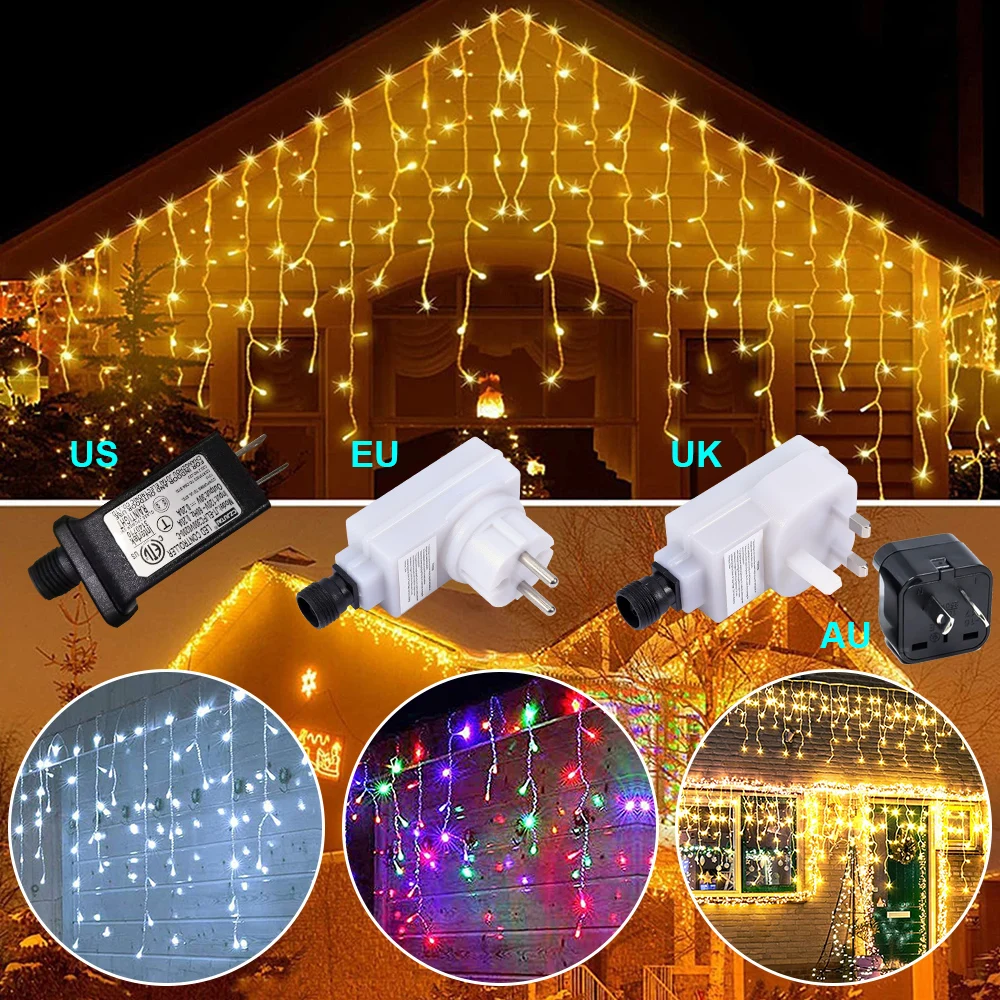 10.8M LED Icicle String Lights+6M Lead Wire 8 Modes Garland Curtain Fairy Lights LED Christmas Lights Outdoor Holiday Decoration