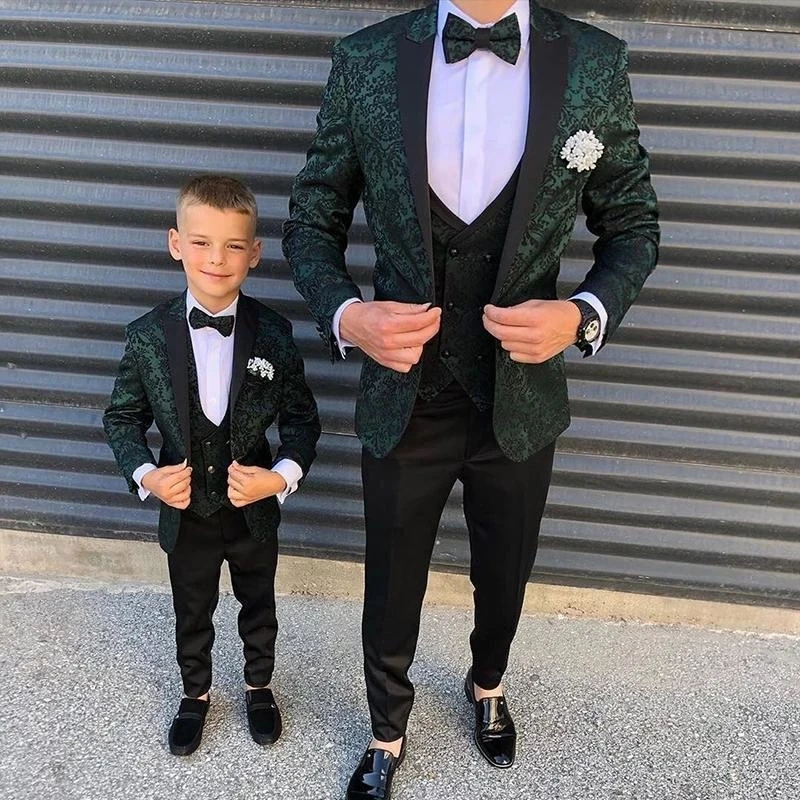 Green Boy abiti da uomo 3 pezzi Slim Fit abiti da sposa smoking risvolto con visiera Blazer formale Kid Prom Suit Jacket + Pants + Vest