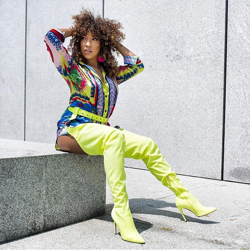 New Sexy Neon Green Crotch High Boots Pointied Toe Belted Buckle Thigh High Boots Stiletto Boots Women Over The Knee Boots