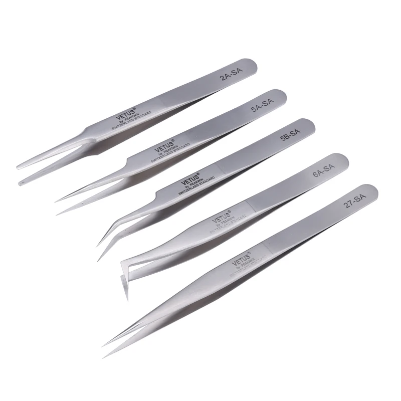 Vetus Precision Anti-magnetic Tweezers 2A-SA 5A-SA 5B-SA 6A-SA 27-SA Steel Curved Straight Tip Pincet Phone Repair Hand Tools