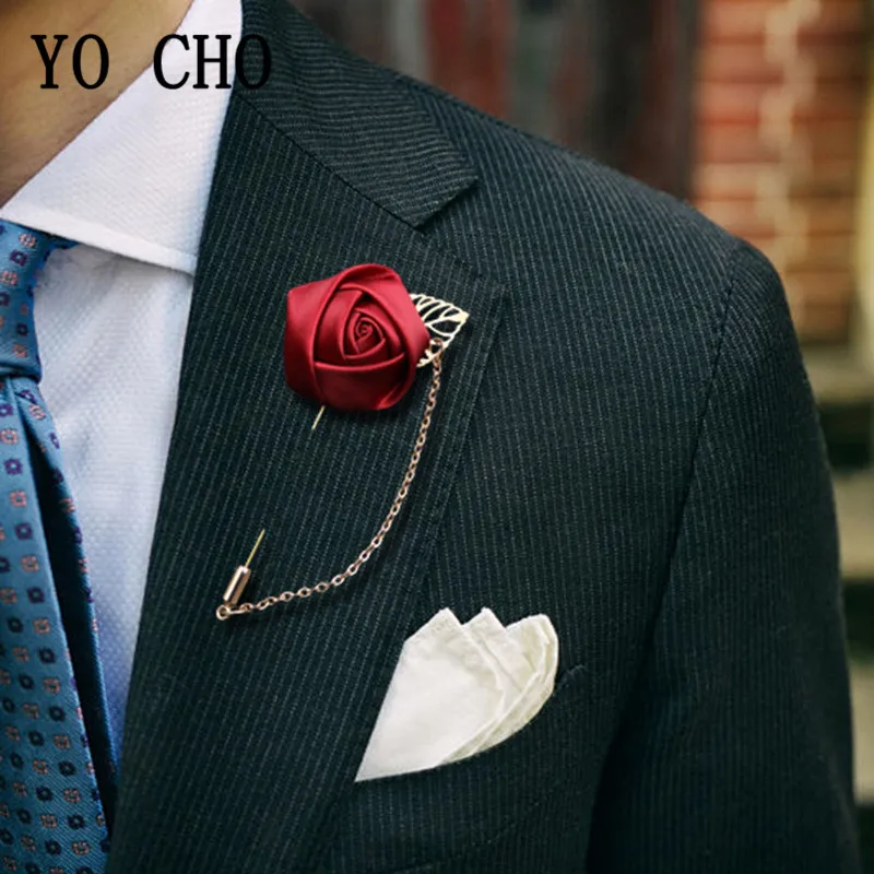 YO CHO Groomsmen Boutonniere Wedding Corsage Men Brooch Pin Burgundy Silk Rose Flower Groom Boutonniere Wedding Flower Accessory