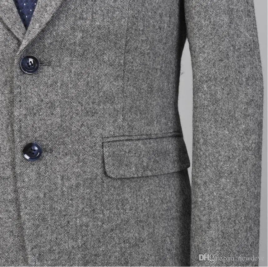 Nuovo Smoking Annata Degli Uomini di Vestito da Sposa da Sposa 3 Pezzi Tweed Fleck 2 Pulsante di Lana Grigio su Misura Misura di Usura Dello Sposo pantaloni Giacca Gilet