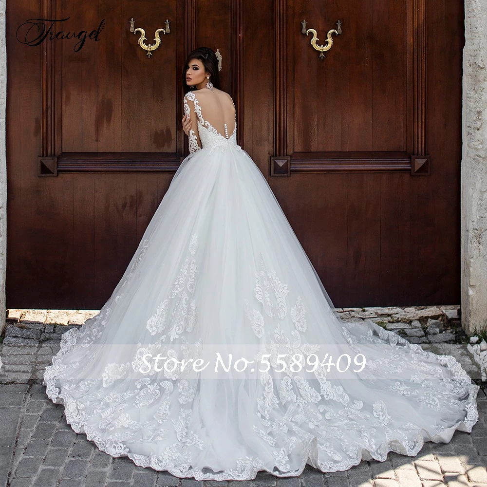 Traugel ilusão colher uma linha de renda vestidos de casamento applique 3/4 manga sem costas vestido de noiva capela trem vestido de noiva mais tamanho