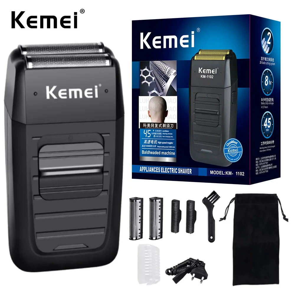 Kemei KM-1102 Rechargeable Cordless Shaver for Men Twin Blade Reciprocating Beard Razor Face Care Multifunction Strong Trimmer