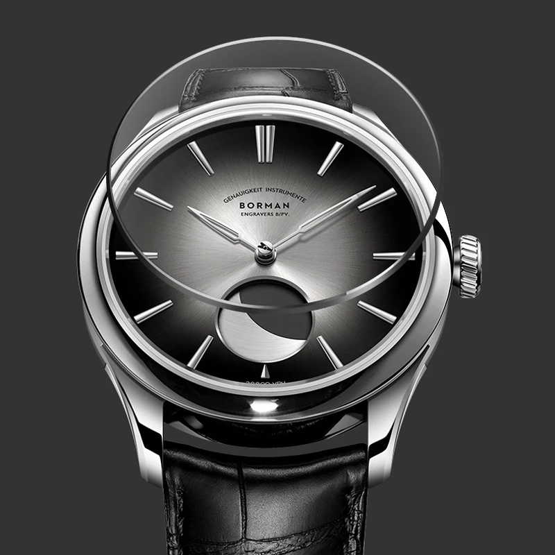 BORMAN สแตนเลสผู้ชายนาฬิกา Power Reserve 80 ชั่วโมง Moon Phase นาฬิกาอัตโนมัติ Sapphire กระจกกันน้ํา 50M นาฬิกา