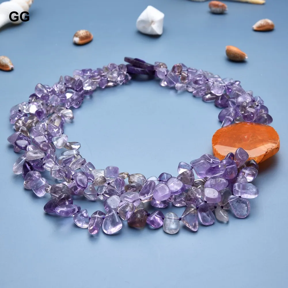 GG 20\'\' 4 Rows Beautiful Natural Purple Amethyst Nugget Beads Orange Agate Chunk Necklace For Women