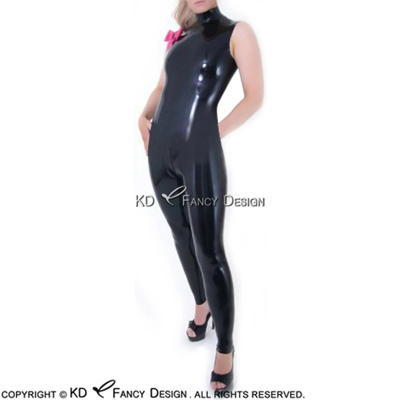 Black And Rose Red Bows Sleeveless Sexy Latex Catsuit Back To Crotch Zipper Rubber Bodysuit Zentai Overall Body Suit LTY-0121