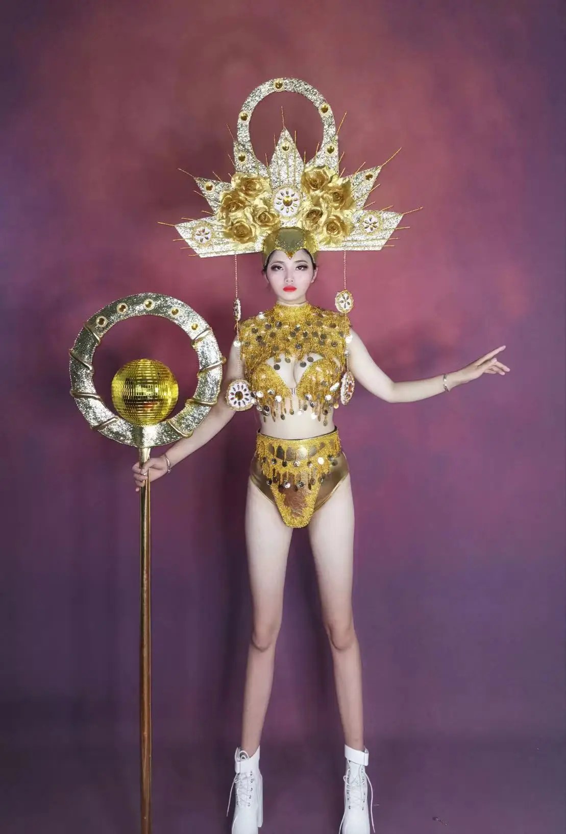 Gold Sun goddess cosplay costume sexy women gogo nightclub bar stage show wear golden bikini headwear set