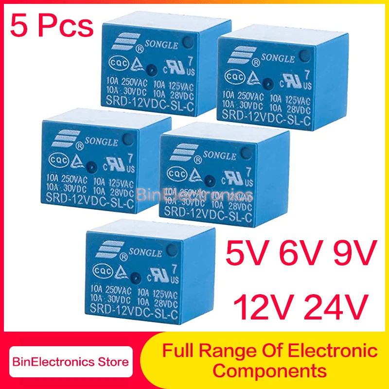 5Pcs SRD Series Relays SRD-03VDC-SL-C SRD-03V/05V/06/09/12/24/48VDC-SL-C -SL-A 4/5 Pin 3V 5V 6V 9V 12V Relay Set for Electronics