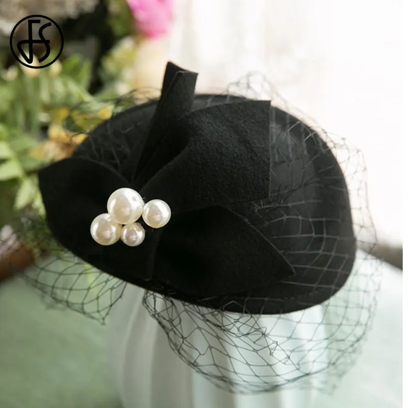 FS Vintage Face Veil Fascinator Hat Women White Wool Felt Beret Cap Bridal Wedding Party Flower Pearl Flower Fedora Stewardess