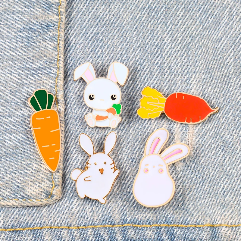 Bunny and Carrot Pins Cute Cartton Rabbit Radish Brooch for Women Coat Shirt Lapel Pin Fashion Badge Bag Decoration Kid Jewelry