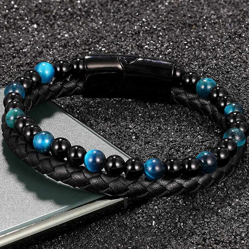 Men's Genuine Leather Braided Bracelet Black Stainless Steel Magnetic Clasp Blue Tiger eye Bead Bangles Natural Stone Jewelry