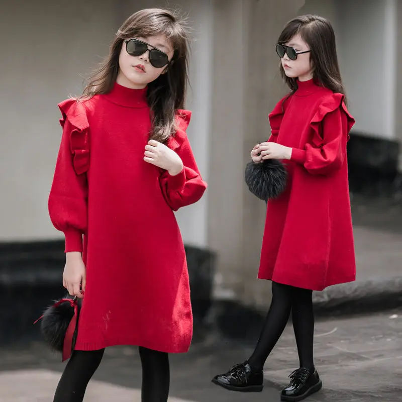 

2025 autumn spring Child lace Kid Girls Clothes Red Knitted Ruffles Teenager Long Sleeve Sweater Dress 7 8 9 10 11 12 13 14 Year