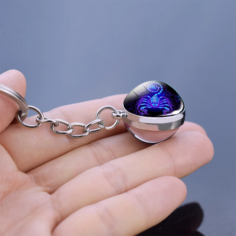 New 12 Constellation Keychain Bull Sheep Lion Crab Scorpion Zodiac Glass Ball Key Chain Car Key Ring Men Birthday Gift