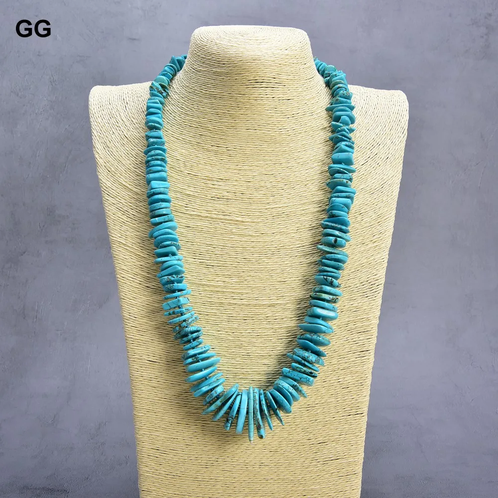 G-G Jewelry 26\'\' Blue Turquoise Gems Stone Necklace 12x23mm Center Drilled Disc Chips