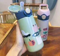 450ML Cute Children Thermal Bottle Thermocup Kids 316 Stainless Steel Thermos Mug With Straw Cartoon Leak-Proof Vacuum Flask