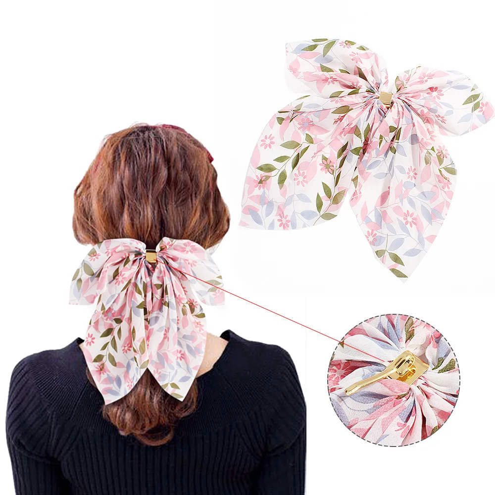 

10Pcs Chiffon Large Bow Streamers Hair Clips Women Girls Printed Floral Hair Band Ponytail Hair Bows Hairpin Hair Accessories