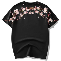 刺繍tシャツ男性の女性の花ゆるいカジュアルなtシャツ夏の綿ヒップホップtシャツ半袖男性原宿ストリート