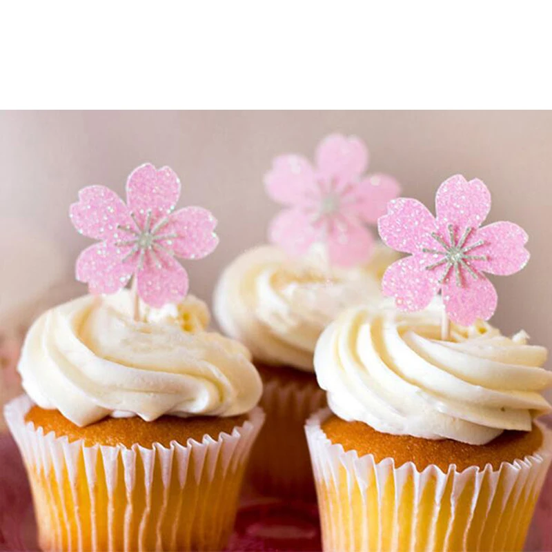 10pcs Pink Cherry Blossoms Cupcake Toppers Girl Birthday Party Decorations Kids Sakura Cake Supplies Accessories Flower