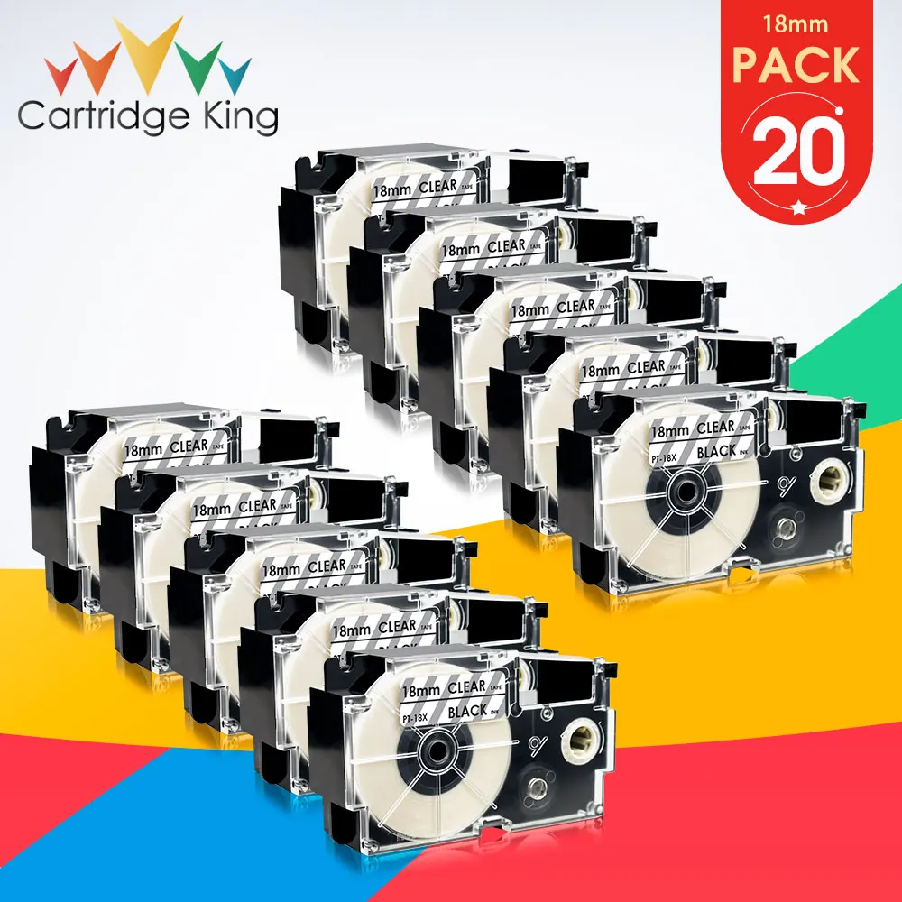 

20PK Compatible for Casio XR-18X XR 18X 18mm Black on Clear Cassette Label for KL-60-L KL-120L EZ label Printer Adhesive Tape