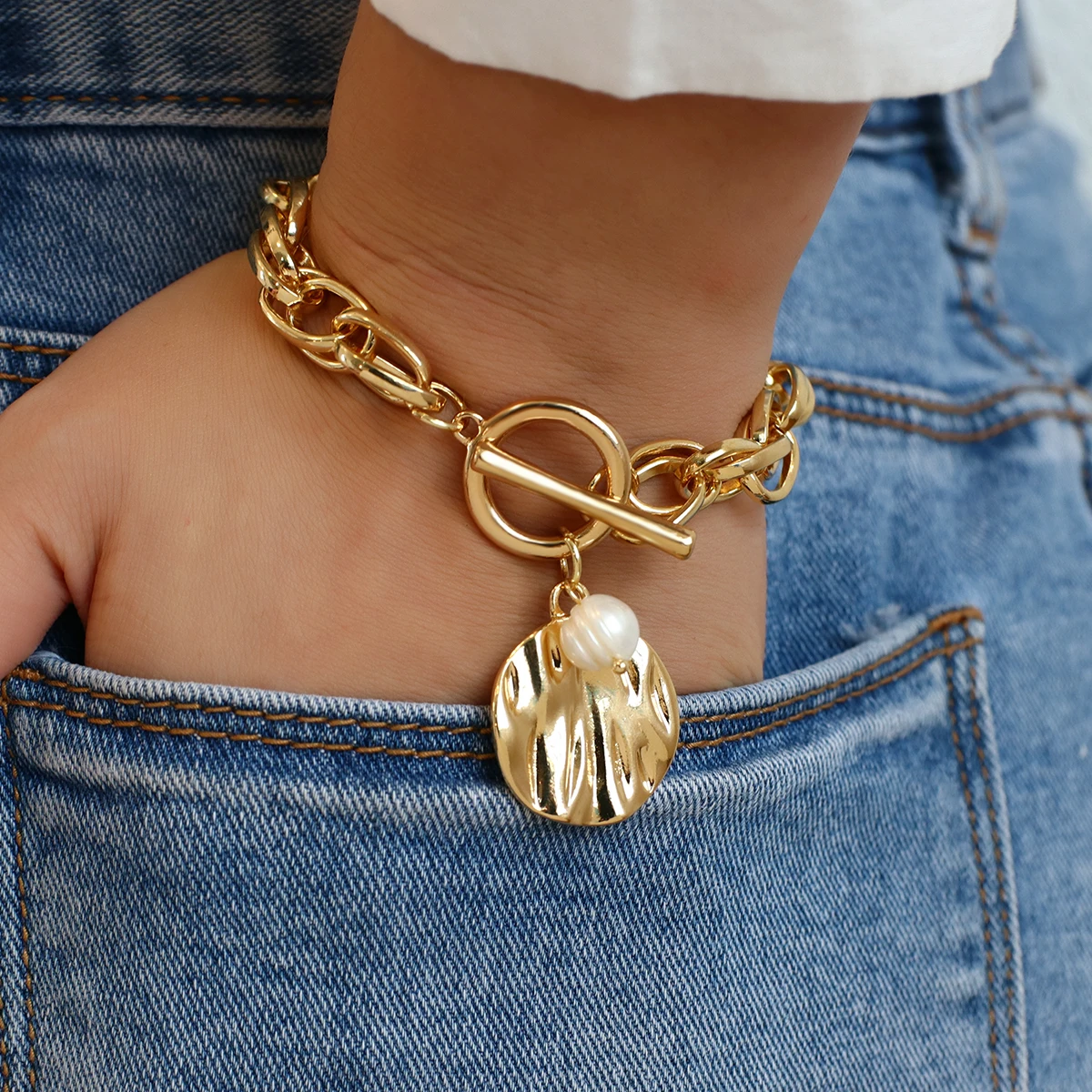 AENSOA 2024 Vintage Bracelets & Bangles Bohemian Chunky Chain Gold Color Charm Round Bracelet for Women Jewelry Bijoux Femme
