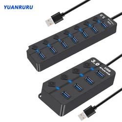 Concentrador de red USB 3,0, expansor múltiple de 4 y 7 puertos, divisor Multi USB con interruptor, adaptador de corriente para PC, Accesorios de ordenador