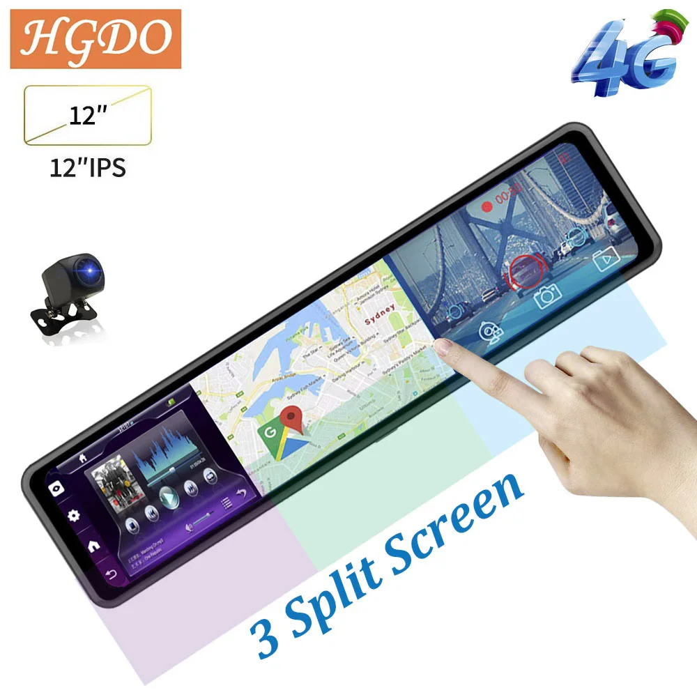 New HGDO 12'' 4G Car DVR Camera Android 8.1 Rear View Mirror 1080P 3 Screens WiFi GPS ADAS Dash Cam Registrar Video Recorder