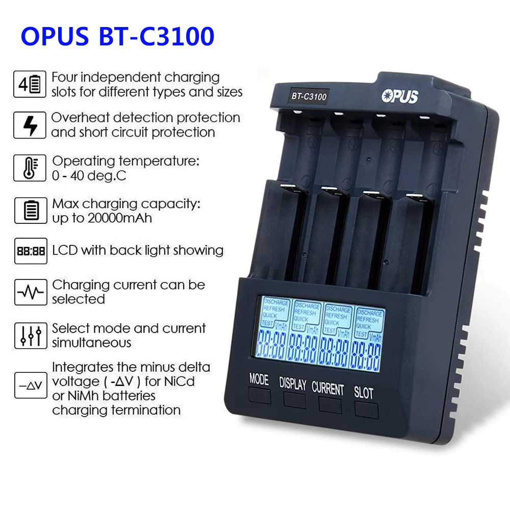 OPUS BT-C3100 V2.2 LCD Smart Battery Charger For Li-ion NiCd NiMH AA AAA 10440 14500 18650 17335 17500 Rechargeable Batteries