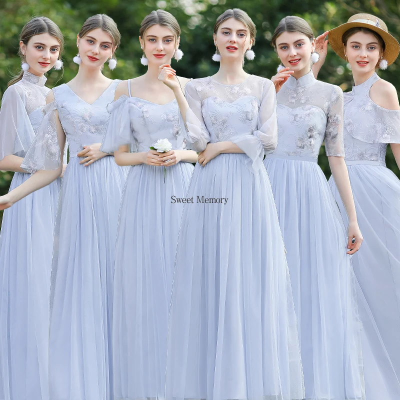 Sweet Memory Long Elegant Bridesmaid Dresses 2021 Lace O Neck Wedding Guest Dress Tulle Wedding Party Gowns for Woman Plus Size