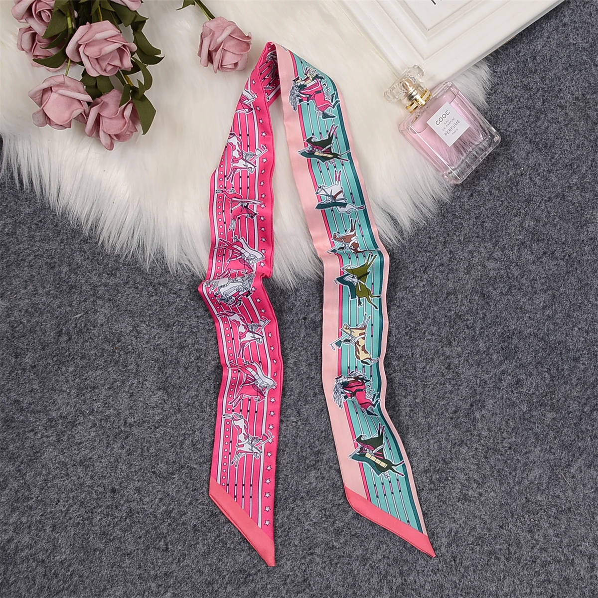 2023 Brand Design Horse Skinny Scarf Women Fashion Bag Scarves Hair Neck Silk Scarf For Ladies Striped Foulard Headband